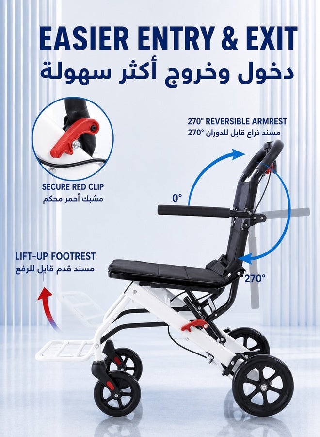 WALALLA Ultralight Only 6.2kg Transport Wheelchair, Folding Portable Boarding Travelling Wheelchair with Hand Brake,Wheelchairs for Adults, Folding Wheelchairs,Trolleys for Elderly Aircraft Travel - Image 3