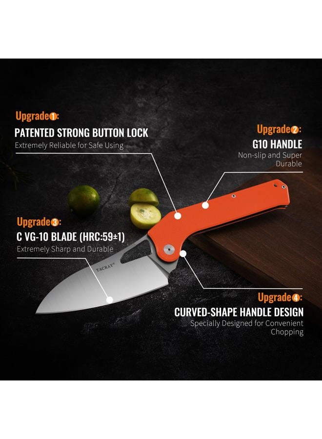 TACRAY Folding Kitchen Chef Knife, 4.4" Foldable Camping Knife with 10cr15mov Stainless Steel Blade, Anti-skidding and Ergonomic Designed G10 Handle for both Indoor and Outdoor Cooking - Image 2