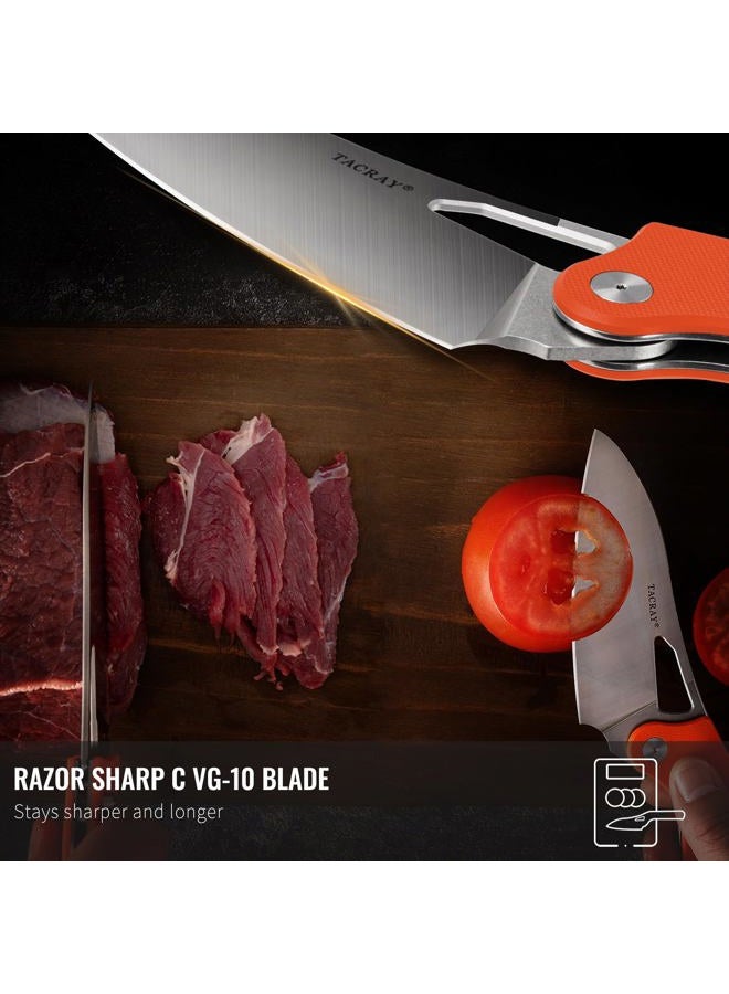 TACRAY Folding Kitchen Chef Knife, 4.4" Foldable Camping Knife with 10cr15mov Stainless Steel Blade, Anti-skidding and Ergonomic Designed G10 Handle for both Indoor and Outdoor Cooking - Image 3
