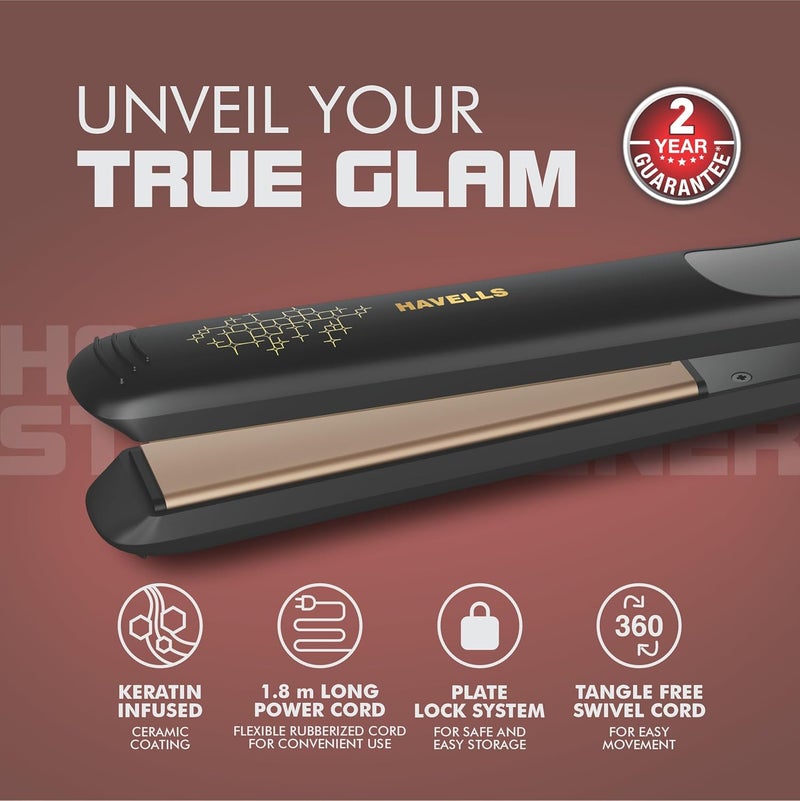 Havells مستقيم شعر هافيلز HS4401 كيرا نورش مع مؤشر LED، تقنية تسخين فورية، لجميع أنواع الشعر، متوافق مع الجهد العالمي (أسود) - Image 3