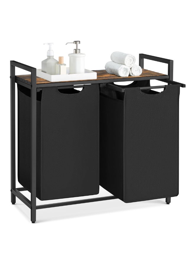 VASAGLE Dirty Laundry Basket, 2 Compartments, Bin, with 2 Removable Oxford Cloth Bags, Metal Frame, 2 x 46 Litres, 73 x 33 x 72 cm, Rustic Brown and Black - Image 1