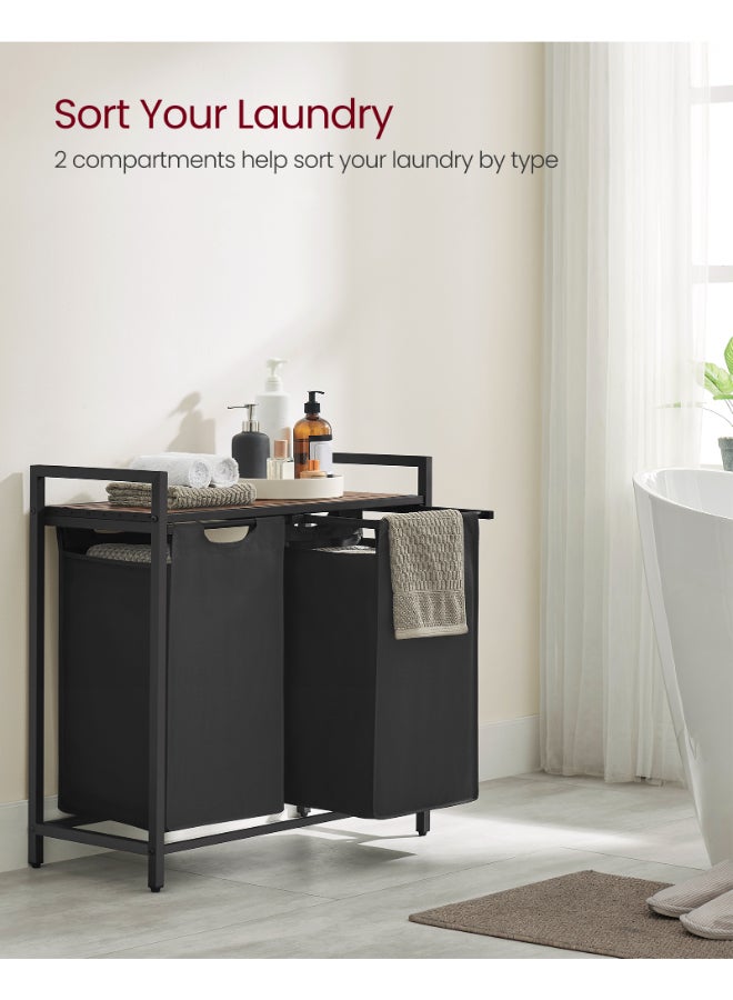 VASAGLE Dirty Laundry Basket, 2 Compartments, Bin, with 2 Removable Oxford Cloth Bags, Metal Frame, 2 x 46 Litres, 73 x 33 x 72 cm, Rustic Brown and Black - Image 3