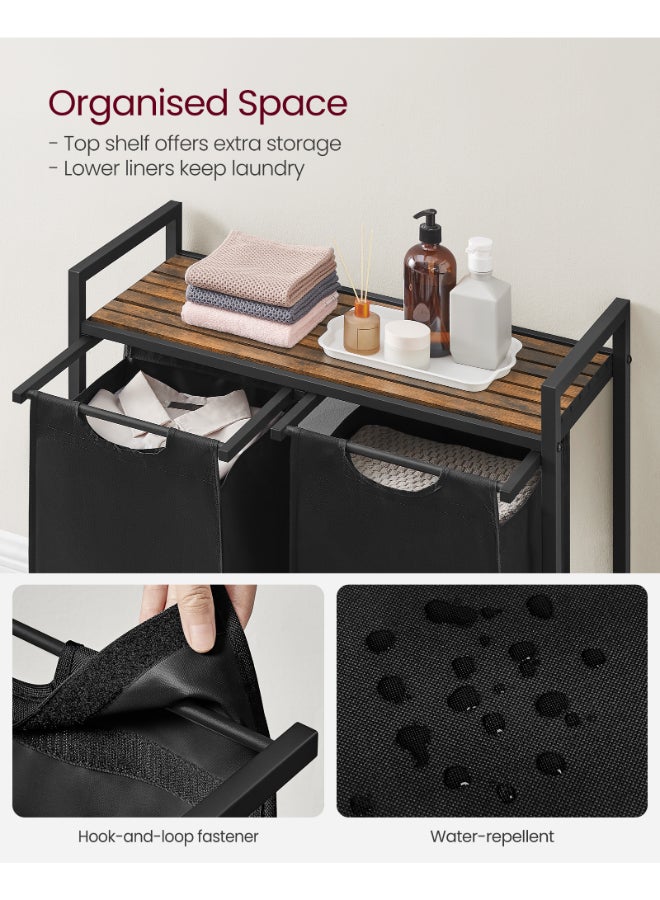 VASAGLE Dirty Laundry Basket, 2 Compartments, Bin, with 2 Removable Oxford Cloth Bags, Metal Frame, 2 x 46 Litres, 73 x 33 x 72 cm, Rustic Brown and Black - Image 4