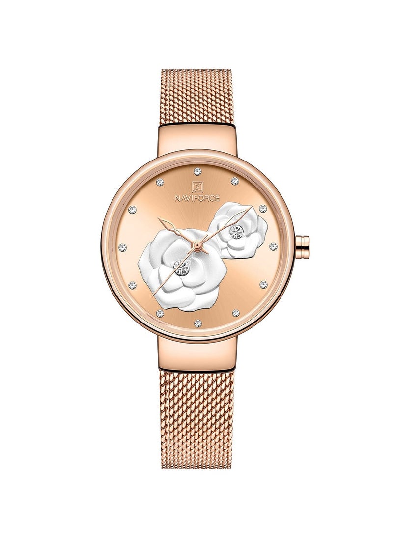 NAVIFORCE Elegant Women's Quartz Watch Stylish Round Dial with Floral Embossed Design Crystal Hour Markers Stainless Steel Mesh Strap Fashionable Timepiece for Everyday Wear and Special Occasions  - Image 1