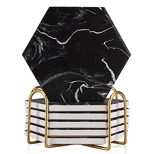 Cool Black Marble Coaster Set with Holder Hexagon Absorbent Coasters Modern Ceramic Coster 6 Pack Best Stone Drink Coaster Beverage Coffee Table Decor Funny Bar Desk Cup Coasters