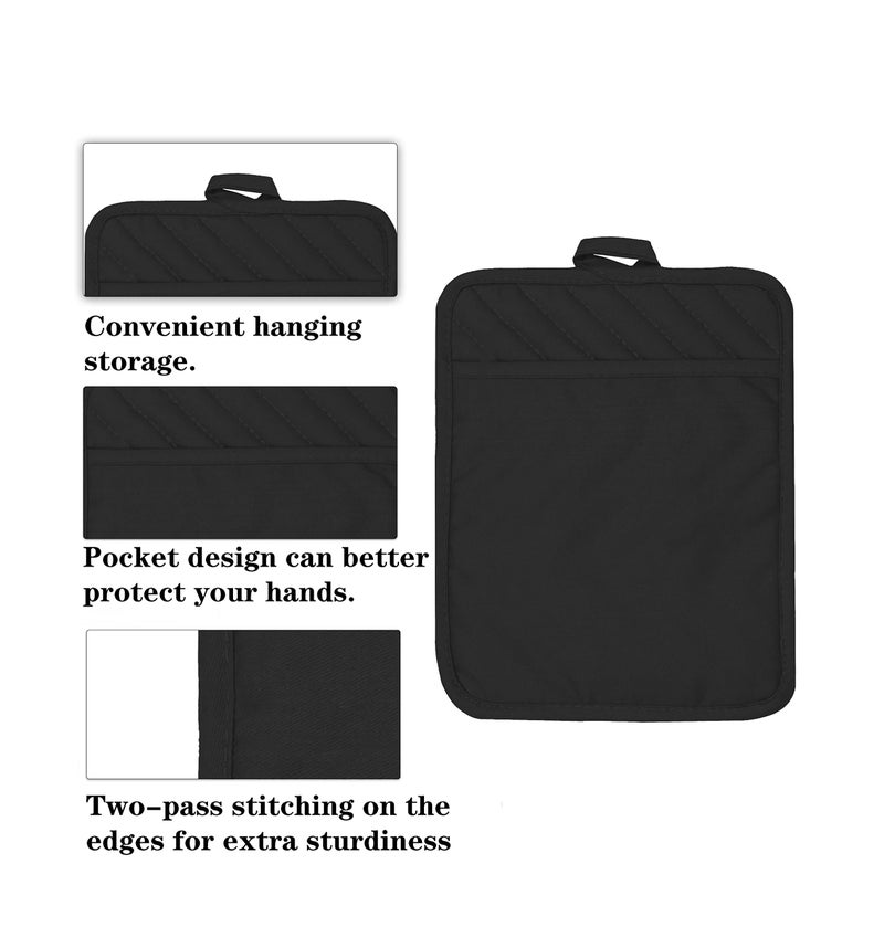 VEIKERY Cotton Pocket Pot Holders Machine Washable Heat Resistant Hot Pads for Kitchen and Baking Square Black Oven Mitts 7""x9"" Set of 5 - Image 4