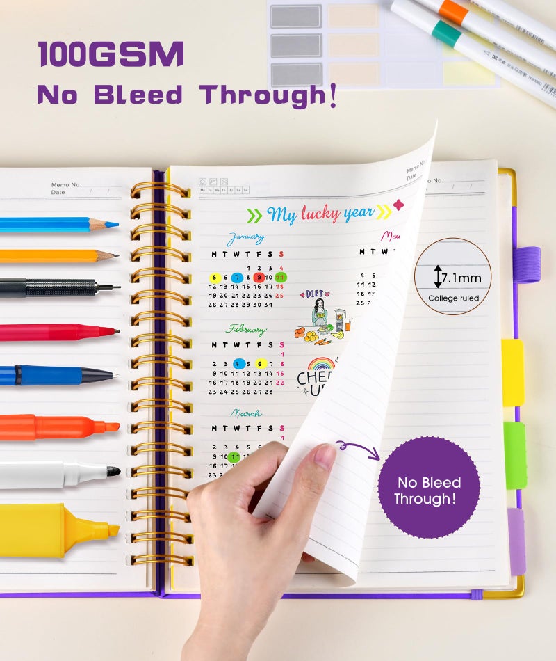 dilitego Hardcover Spiral Notebook Journal with Removable Dividers Tabs, 300 Pages Leather 5 Subject Notebook College Ruled, 8"x10" Large Notebooks for Work School Note Taking, Journal for Women, Dark Purple - Image 5