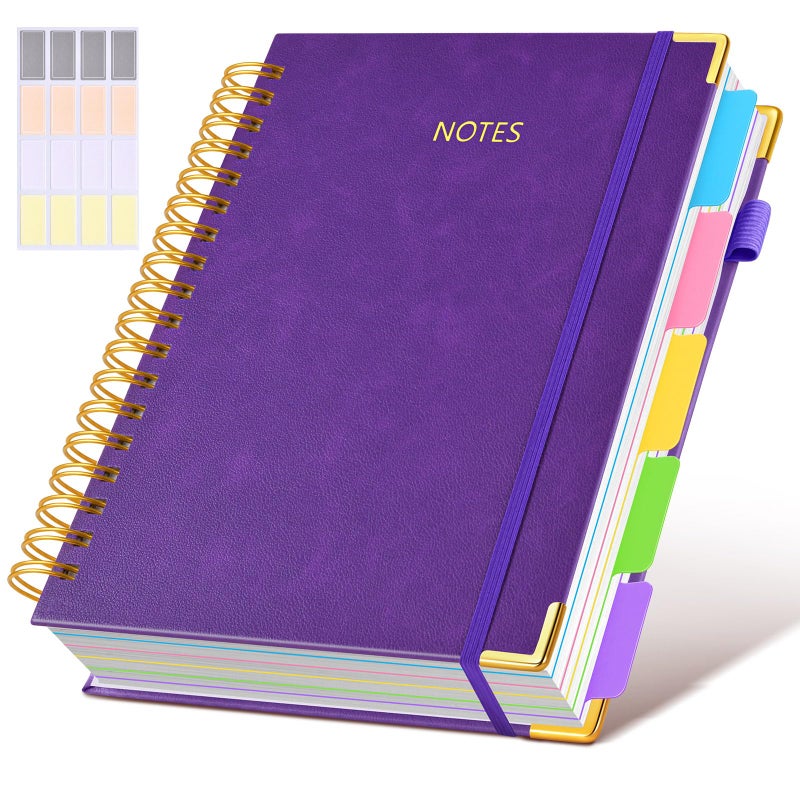 dilitego Hardcover Spiral Notebook Journal with Removable Dividers Tabs, 300 Pages Leather 5 Subject Notebook College Ruled, 8"x10" Large Notebooks for Work School Note Taking, Journal for Women, Dark Purple - Image 1