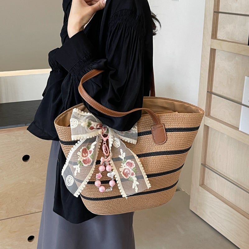 Straw Bag Women'S Large Capacity Arrival Seaside Holiday Beach Woven Bag Shoulder Tote Bucket Bag - Image 3