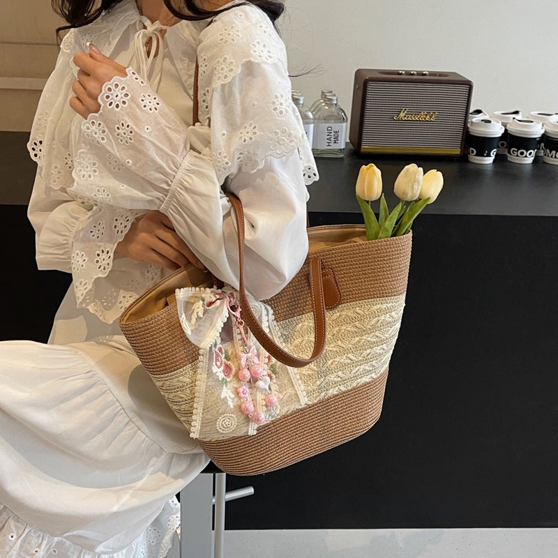 Straw Bag Women'S Large Capacity Arrival Seaside Holiday Beach Woven Bag Shoulder Tote Bucket Bag - Image 4