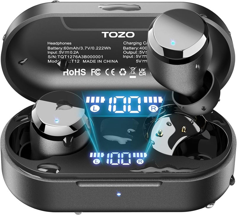 TOZO T12 (Compact Ergonomic Edition) Wireless Earbuds Bluetooth 5.3 Headphones, Call ENC Noise Cancelling Mic, 55Hrs Playtime App Customize EQ IPX8 Waterproof LED Digital Display Premium Sound Headset - Image 1
