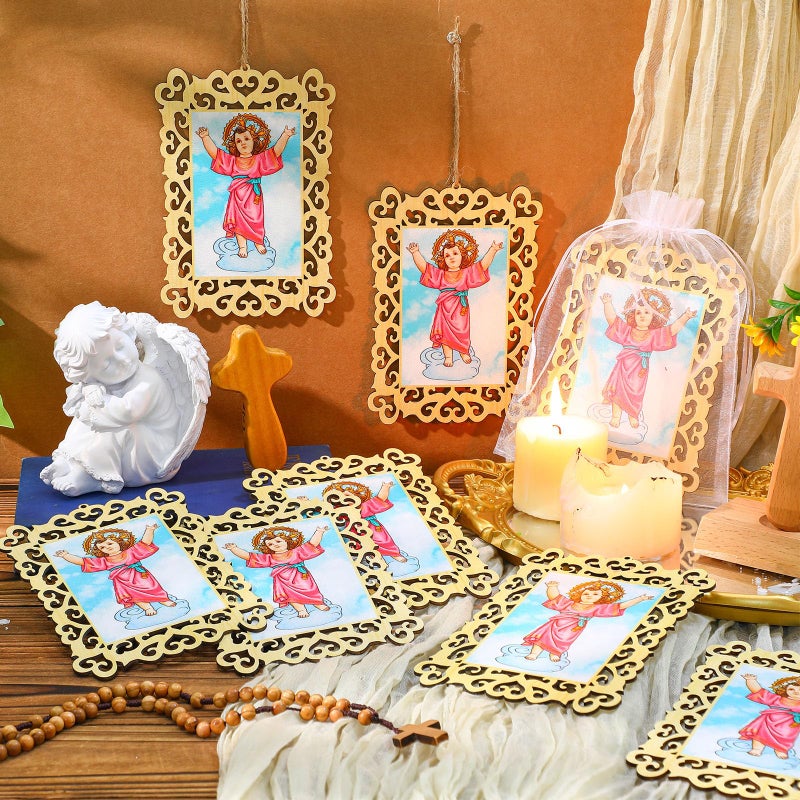 Quelay 12 Pcs Divino Nino Divine Child Jesus Wooden Picture Frames with Organza Gift Bags Baptism Favors for Guests First Commuion Christening Memorial Engrave Guest Gift Catholic Recuerdos De Bautizo - Image 4