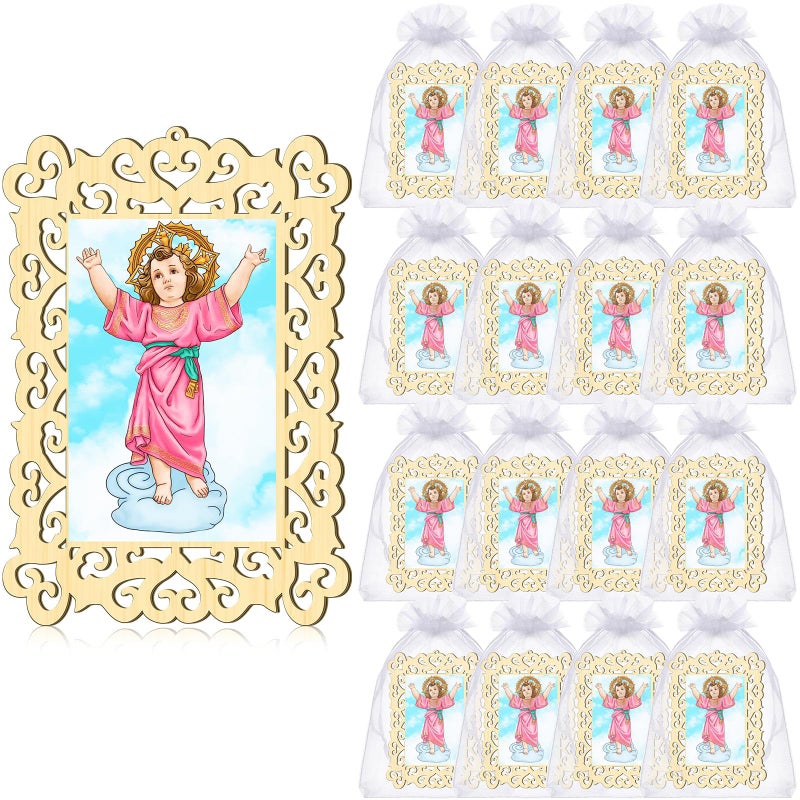Quelay 12 Pcs Divino Nino Divine Child Jesus Wooden Picture Frames with Organza Gift Bags Baptism Favors for Guests First Commuion Christening Memorial Engrave Guest Gift Catholic Recuerdos De Bautizo - Image 1