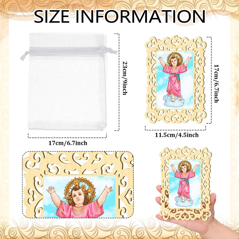 Quelay 12 Pcs Divino Nino Divine Child Jesus Wooden Picture Frames with Organza Gift Bags Baptism Favors for Guests First Commuion Christening Memorial Engrave Guest Gift Catholic Recuerdos De Bautizo - Image 2