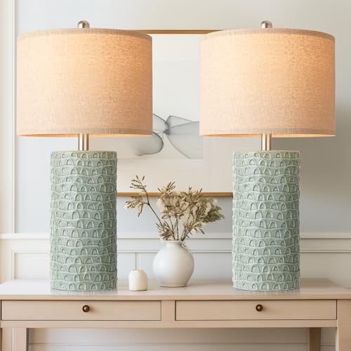 PARTPHONER 23" Modern Ceramic Table Lamp Set of 2, Table Lamps for Living Room, Rustic Farmhouse Bedside Lamps Nightstand lamp for Bedroom, Desk Lamp for End Table Home Decor Light Green - Image 1