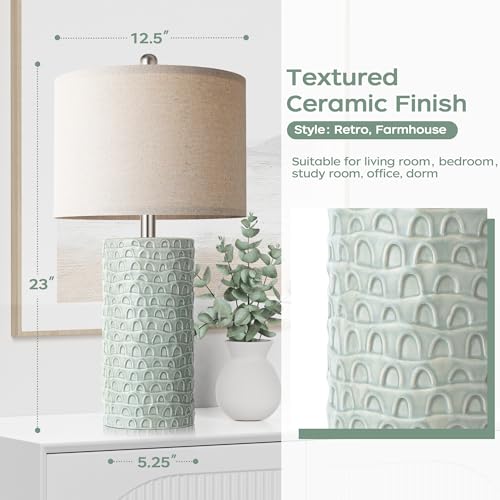 PARTPHONER 23" Modern Ceramic Table Lamp Set of 2, Table Lamps for Living Room, Rustic Farmhouse Bedside Lamps Nightstand lamp for Bedroom, Desk Lamp for End Table Home Decor Light Green - Image 3
