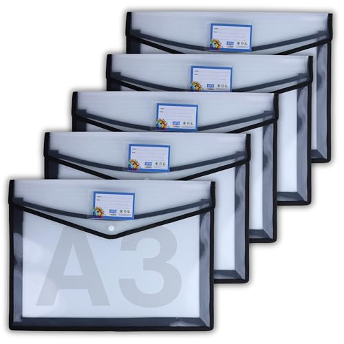 SPS File Folder, Transparent Poly-Plastic A3 Documents File Storage Bag with Snap Button Set of 5/Certificate File Folder (Black) - Image 1