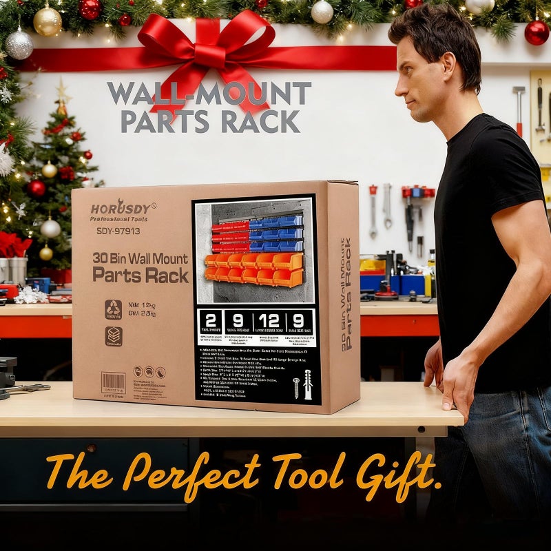 HORUSDY Wall Mounted Storage Bins Parts Rack 30PC Organizer Garage Plastic Shop Tool for Men's Gift, Blue,Orange,Red - Image 2