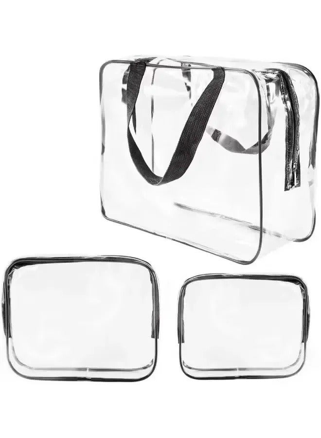 3-Piece Cosmetic Bag Clear/Black PVC Travel Toiletry Bag Kit for Women Men, Organizer Makeup Bags with Zipper Handle Straps - Image 5