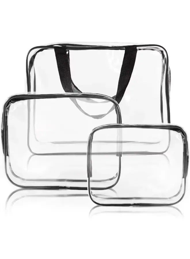3-Piece Cosmetic Bag Clear/Black PVC Travel Toiletry Bag Kit for Women Men, Organizer Makeup Bags with Zipper Handle Straps - Image 3