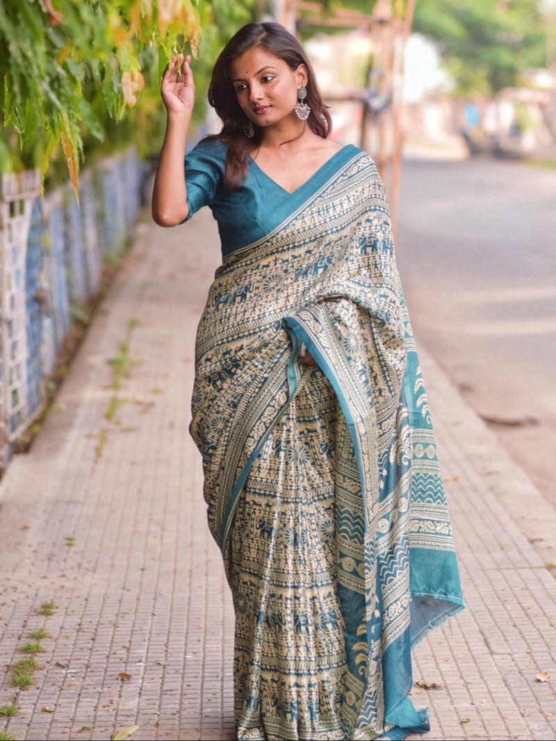 EthnicJunction Women's Art Silk Kalamkari Print Saree With Blouse Piece (Teal) - Image 3