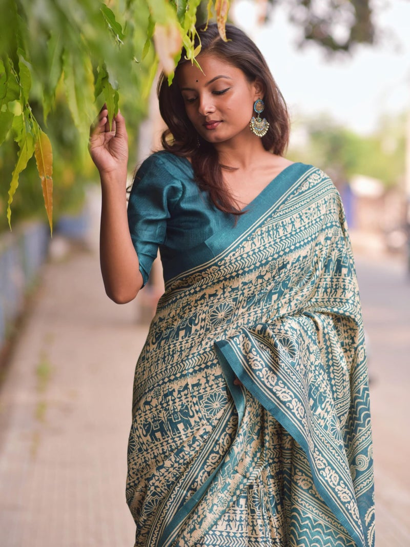 EthnicJunction Women's Art Silk Kalamkari Print Saree With Blouse Piece (Teal) - Image 4