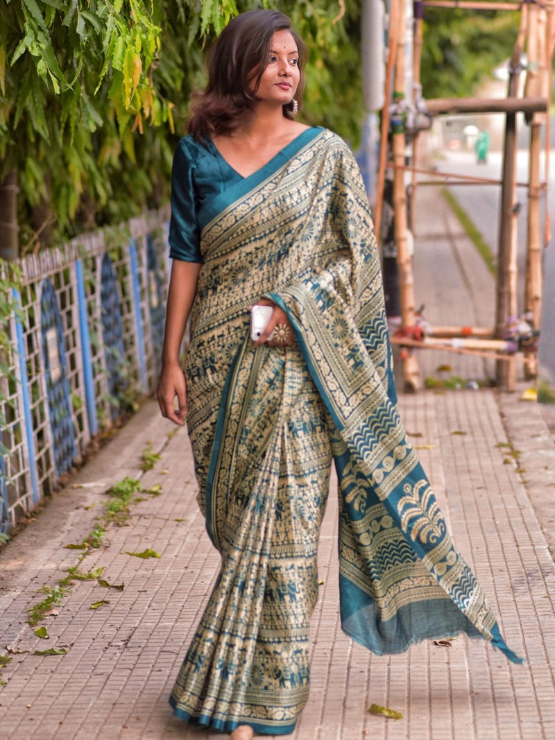 EthnicJunction Women's Art Silk Kalamkari Print Saree With Blouse Piece (Teal) - Image 5
