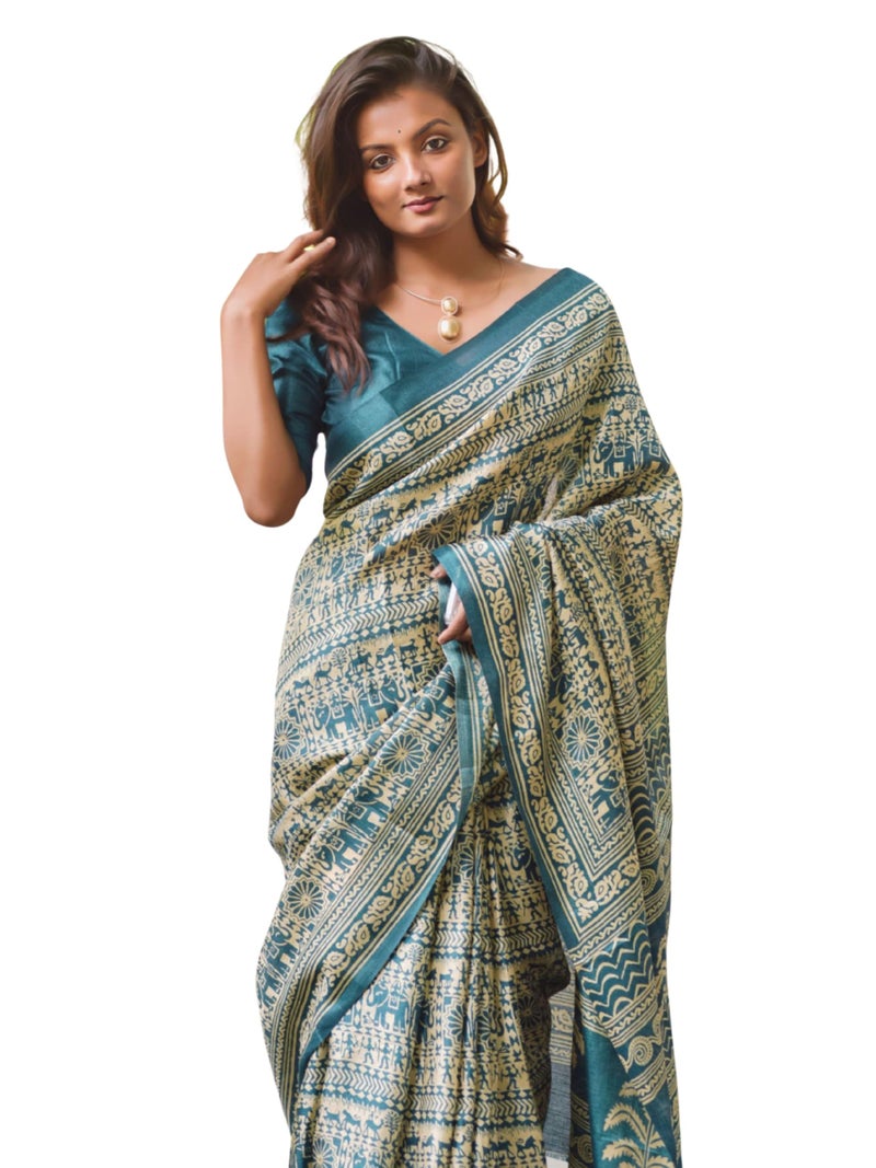 EthnicJunction Women's Art Silk Kalamkari Print Saree With Blouse Piece (Teal) - Image 1