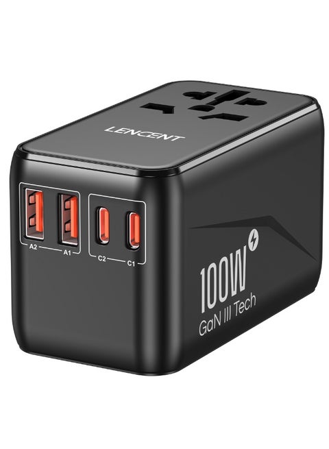 GaN III 100W Universal Travel Adapter, International Charger with 2 USB Ports & 2 USB-C PD Fast Charging Adaptor, Worldwide Wall Charger with Type-C Fast Charger for iPhone,Samsung,Laptops, Type A/C/G/I (USA/UK/EU/AUS)