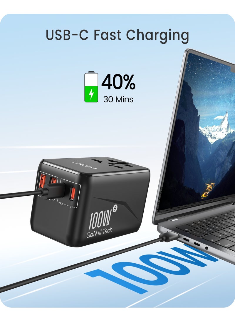 Lencent GaN III 100W Universal Travel Adapter, International Charger with 2 USB Ports & 2 USB-C PD Fast Charging Adaptor, Worldwide Wall Charger with Type-C Fast Charger for iPhone,Samsung,Laptops, Type A/C/G/I (USA/UK/EU/AUS) - Image 2