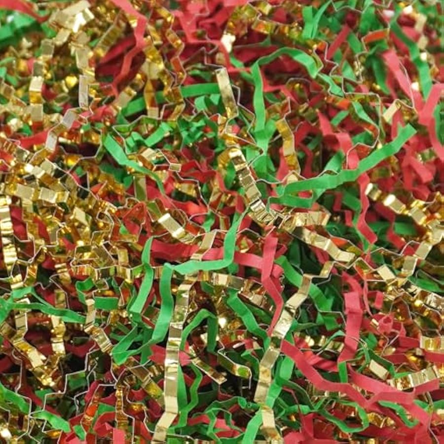 1 LB Crinkle Cut Paper Shred Filler, Red Green Gold Xmas Raffia Paper Shredded Paper Stuffing for Gifts Wrapping Baskets Box Filling Birthday Party Supply