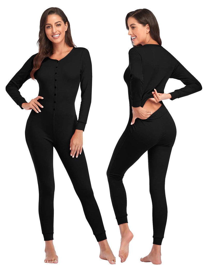 COLORFULLEAF Womens Cotton Thermal Underwear Union Suits Long Onesie Pajamas Base Layer PJs LoungewearBlackS