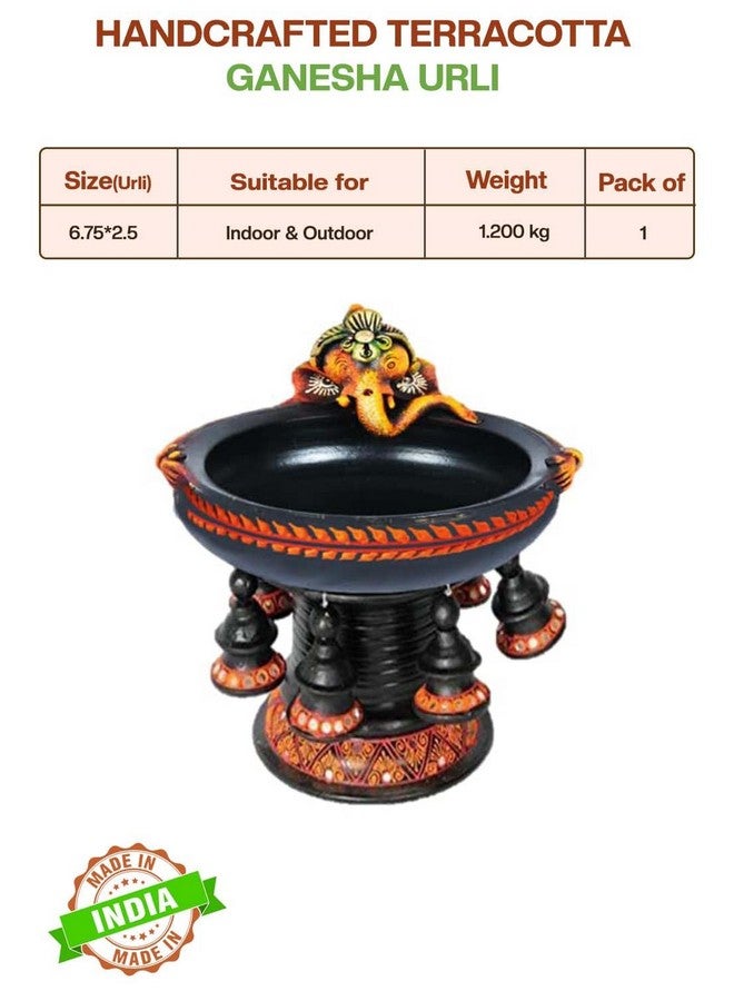 Shabana Art Potteries Handmade Terracotta Black Ganesha Decorative Urli Flower Pot with Stand - Image 2
