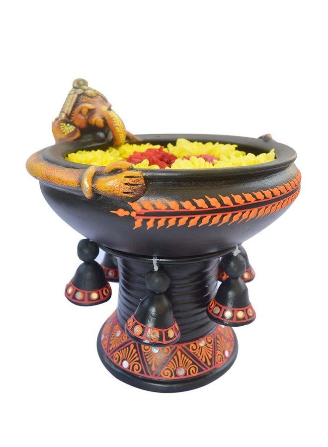 Shabana Art Potteries Handmade Terracotta Black Ganesha Decorative Urli Flower Pot with Stand - Image 1