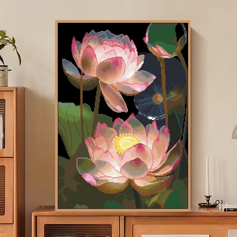 Quick Hand Full Embroidery Cross Stitch 2024 Living Room Thread Embroidery Entrance Lotus Flower New Chinese Style Artwork 50*66-3-strand embroidery 