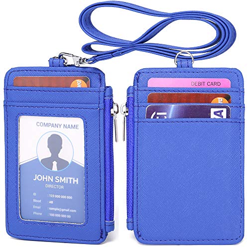 Leamekor ID Badge Holder with Neck Lanyard PU Leather ID Badge Wallet Case with 1 ID Window, 4 Card Slots, 1 Side Zipper Pocket - Image 1