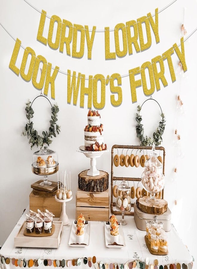 WFKLDF 40th Birthday Banner, Lordy Lordy Look Who's Forty Banner, 40th Birthday Decorations, Cheer to 40 Years, Happy 40 Year Old Birthday Party Decor Supplies Gold - Image 3