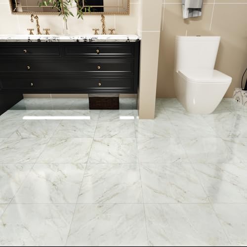 WESTICK Bathroom Tiles Floor Peel and Stick Waterproof Laminate Flooring Self Adhesive Vinyl Tiles Peel and Stick Floor Tile Marble White Beige Kitchen Flooring Linoleum Squares 5Pcs 12" x 12" - Image 1