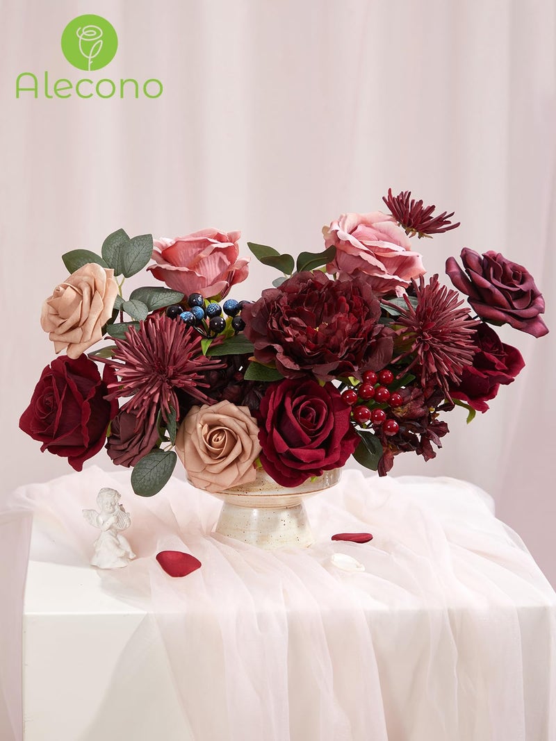 Alecono Artificial Flowers, Burgundy Silk Fake Flowers for DIY Wedding Bridal Bouquets, Red Cake Flowers for Wedding Table Centerpieces Birthday Party Home Decorations - Image 2