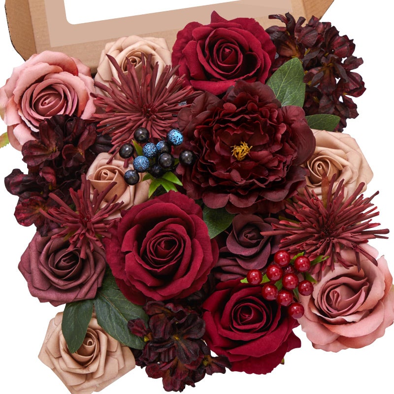 Alecono Artificial Flowers, Burgundy Silk Fake Flowers for DIY Wedding Bridal Bouquets, Red Cake Flowers for Wedding Table Centerpieces Birthday Party Home Decorations - Image 1