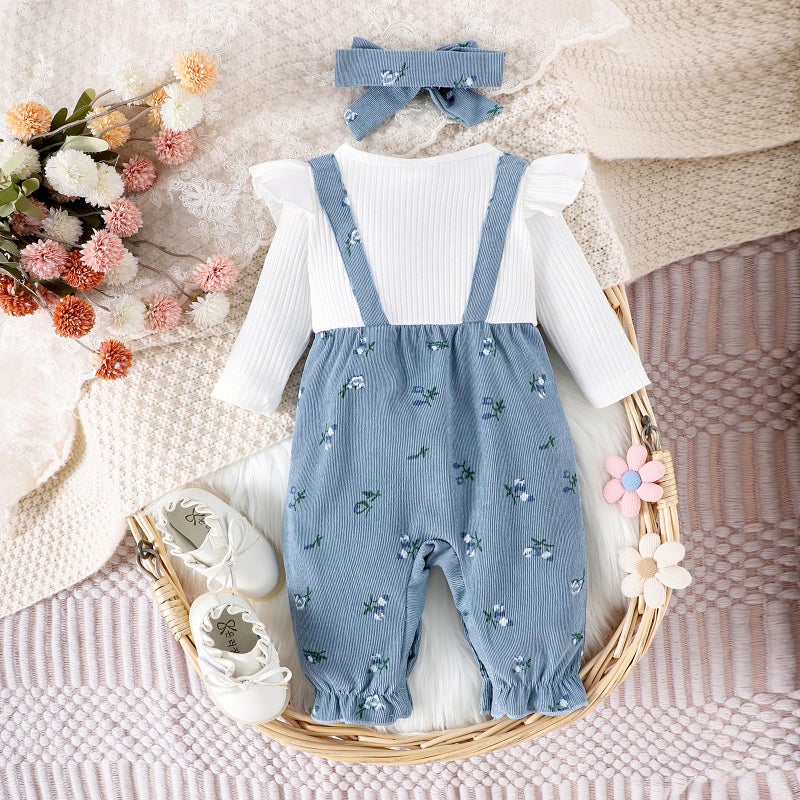 allshope Infant Baby Girl Fall Outfit Romper Floral Print Fake Two Pieces Patchwork Bow Jumpsuit Newborn Winter Clothes (Blue, 9-12 Months) - Image 3