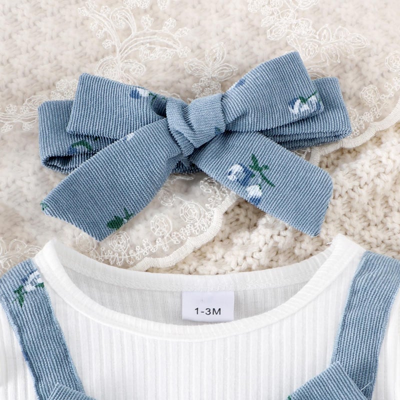 allshope Infant Baby Girl Fall Outfit Romper Floral Print Fake Two Pieces Patchwork Bow Jumpsuit Newborn Winter Clothes (Blue, 9-12 Months) - Image 4