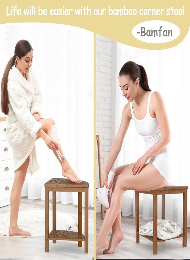 Bamfan Bamboo Corner Shower Bench Waterproof Stool with Space-Efficient Storage Shelf - Shower Stool Seat for Indoor or Outdoor Use(Walnut) - Image 3
