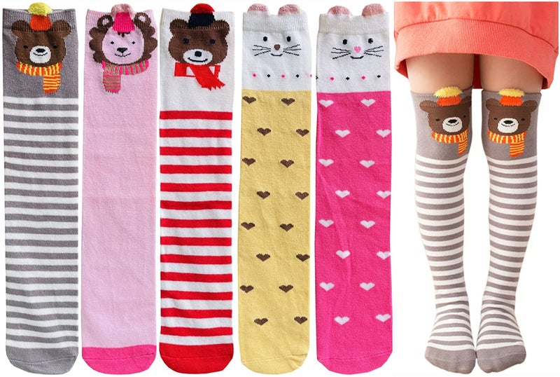 Toptim Little Girl's Knee High Socks Over Calf Kids Overknee Stockings Bow Style 3-12T(Cartoon-5Pairs) - Image 1