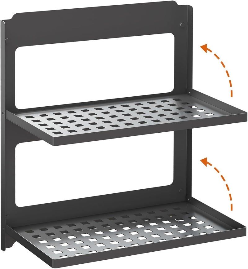 KASTWAVE 2-Tier Foldable Metal Wall Shelf, Space Saving Wall Mounted Floating Shelf with Drop Down & Stackable Design, Double Layer Small Storage Rack for Laundry, Bathroom, RV (13.4", Black) - Image 1