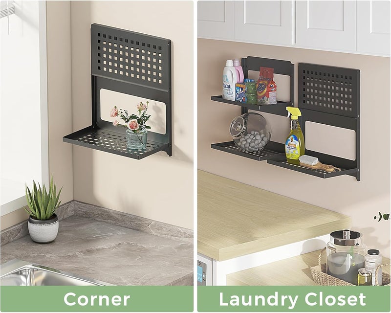 KASTWAVE 2-Tier Foldable Metal Wall Shelf, Space Saving Wall Mounted Floating Shelf with Drop Down & Stackable Design, Double Layer Small Storage Rack for Laundry, Bathroom, RV (13.4", Black) - Image 4