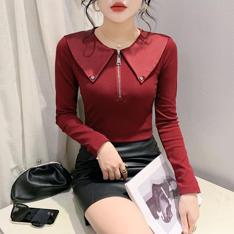 Real S 2024 New Fashion Zipper T-Shirt Women'S Long-Sleeved European Design Sense Doll Collar Bottoming Shirt Fashion - Image 2