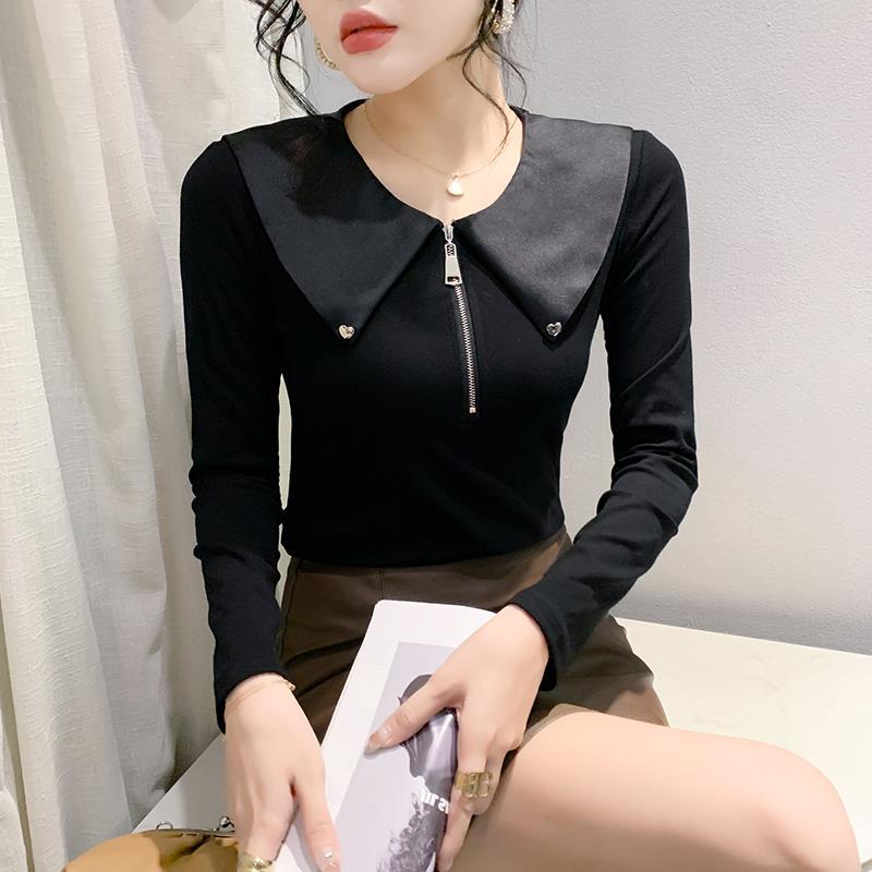 Real S 2024 New Fashion Zipper T-Shirt Women'S Long-Sleeved European Design Sense Doll Collar Bottoming Shirt Fashion - Image 1