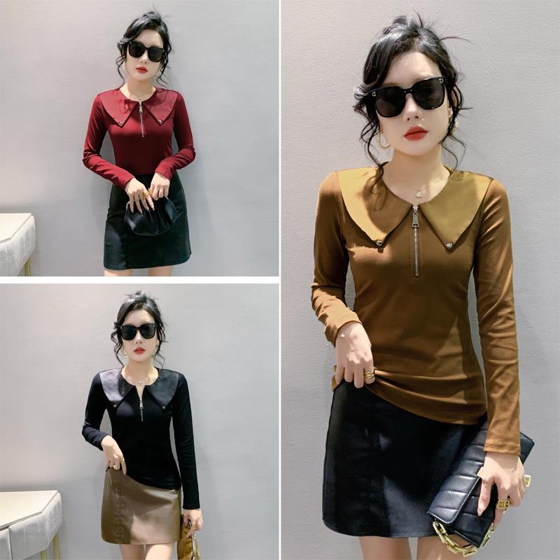 Real S 2024 New Fashion Zipper T-Shirt Women'S Long-Sleeved European Design Sense Doll Collar Bottoming Shirt Fashion - Image 5