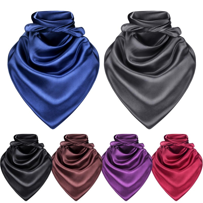 Yearntown 6 Pcs Solid Cowboy Rag for Women Western Neck Scarf Bandana 35-inch Square Satin Rag Neckerchief Multiple Colors Wildrags for Men Pack - Image 1